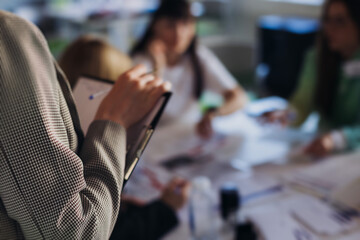 Audience team on master class seminar, working together during contest competition in the auditorium class, corporate workshop, company coworkers and colleagues listen to lecturer on a conference