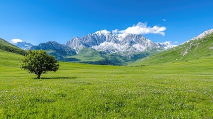 Fototapeta premium Lone tree in alpine meadow, majestic mountains backdrop, sunny day, idyllic scenery, travel poster