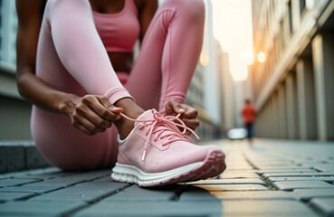 African American female athlete sits on city street tying shoelace on pink sneakers. Preparing for run. Urban background, sunny day. Sporty, fitness lifestyle. Active, healthy lifestyle. Focused on