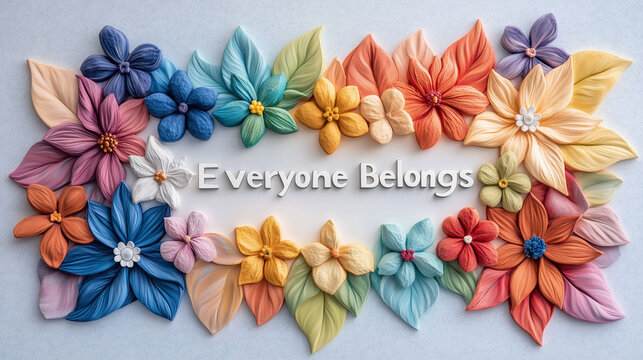 A bright and welcoming inclusivity themed banner featuring a colorful flower design with the phrase "Everyone Belongs" written in bold white font on a clean and cheerful background.
