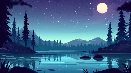 Fototapeta premium Nighttime Mountain Lake with Moon, Stars, and Silhouetted Trees