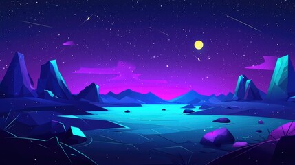 Fototapeta premium Nighttime Landscape with Mountains and a Full Moon Under a Starry Sky
