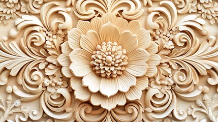 Intricate floral wood carving relief, ornate design, beige tones, home decor
