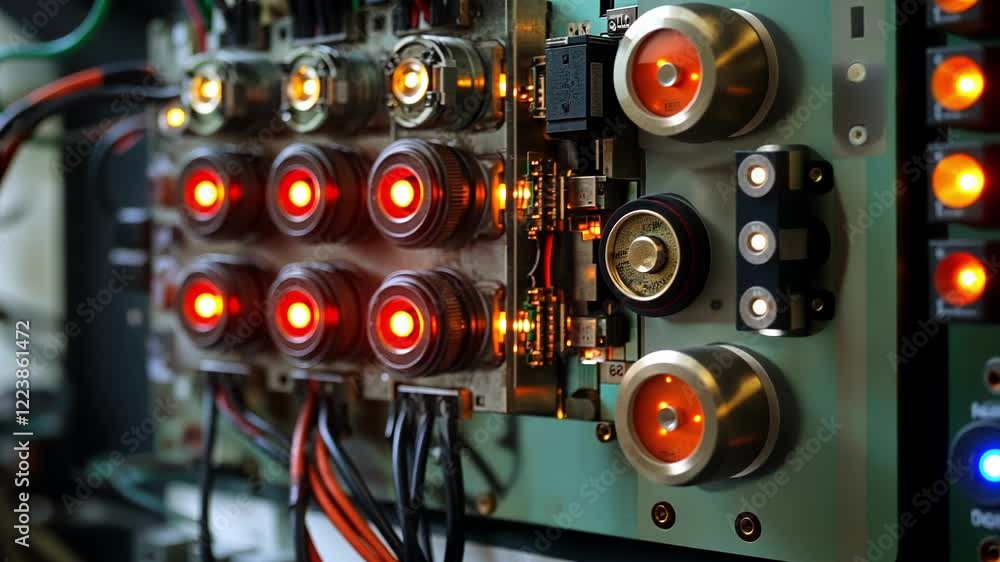 Poster red lights illuminating an electrical panel reveal a complex network of wires and components within 