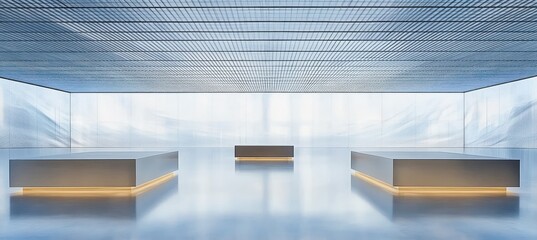 Obraz premium Minimalist Exhibition Space with Metallic Platforms Bright Lighting and Clean Lines
