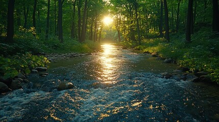 Obraz premium Golden Hour Serenity: A Forest Stream at Sunset