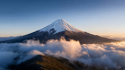 Fototapeta premium Snowy mountain peak surrounded by misty clouds at sunrise, showcasing serene and majestic natural beauty.