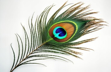 Fototapeta premium Colorful peacock feather isolated on white background. Vibrant colors, detailed structure of feather. Exotic, elegant image. Nature beauty. Beautiful wildlife. Ideal for design projects educational