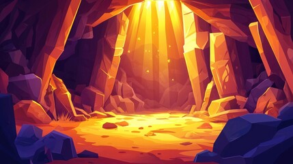 A Cave Entrance Illuminated by Light Rays Shining Through the Dark