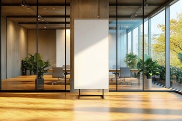 Minimalistic Modern Office Interior with Large Glass Wall and Empty Whiteboard