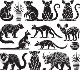 Obraz premium Black Color Aye-aye Silhouette Vector Illustration design, Solid White Background