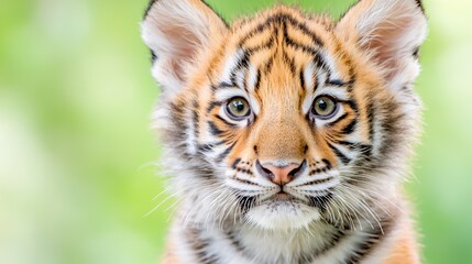 Obraz premium Close-up portrait of a cute tiger cub looking directly forward against a soft green background in daytime.