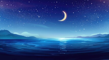 Nighttime Landscape with Crescent Moon and Starry Sky Over a Calm Ocean