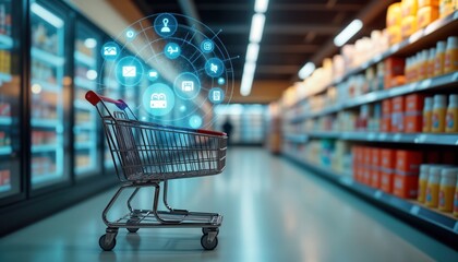 Empty shopping cart in supermarket aisle with digital icons representing e-commerce data optimization for sales. Modern tech predicts customer behavior. Personalized recommendations, data-driven