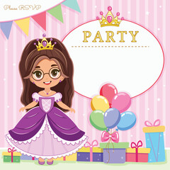 Invitation for Happy Birthday party with cute princess and gifts and colored balloons. Template, Poster, Banner, Flyer, Greeting Card. Vector illustration in flat cartoon style.