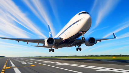 Obraz premium A large white passenger jet is taking off from a runway