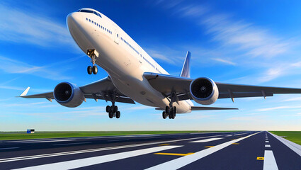 Obraz premium A large white passenger jet is taking off from a runway