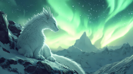 Naklejka premium Serene white dragon gazes from a snowy ledge with the mystical aurora borealis lighting up the night sky. Arctic Ridge. Illustration