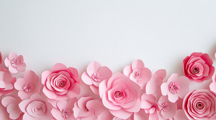 Symmetrical banner with a line of pink paper flowers along the top and bottom borders 