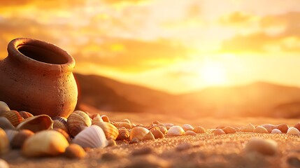 Serene Beach Sunset with Shells and a Pottery Jar