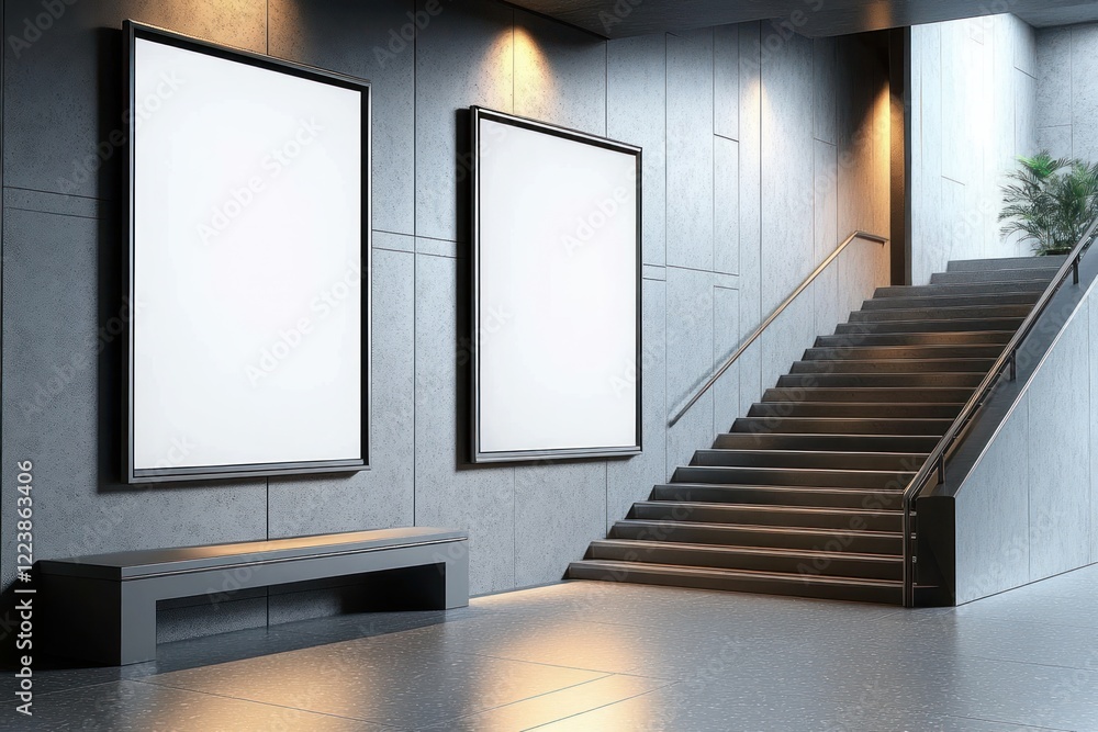 Poster contemporary urban staircase scene with empty frames and soft lighting