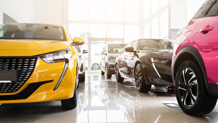 Various beautiful modern sports, family, medium, multi purpose cars different colours and features at huge luxury dealership salon. Automobiles for sale, auto showroom, copy space