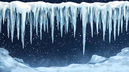 Winter scene featuring snowy ledge with long icicles hanging over dark, frozen surface. ideal for seasonal, nature, or winter-themed content. Arctic Ridge. Illustration