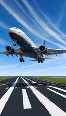 A large white passenger jet is taking off from a runway