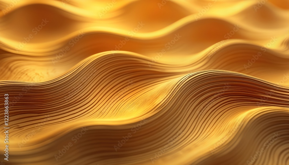 Poster Abstract golden wavy lines create three-dimensional texture. Modern design element with luxurious gold tones. Pattern looks like ripple effect of wood metal. Stylish background for various designs.