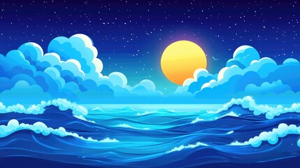 Blue Ocean Waves Under a Night Sky with a Large Yellow Moon