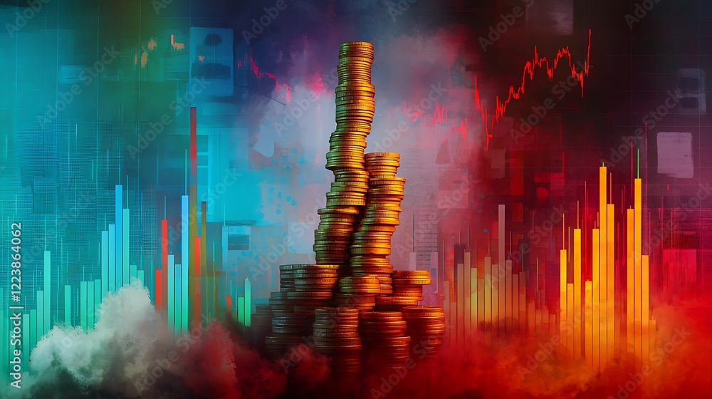 Poster stacked coins with financial graphs background