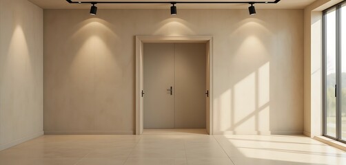 Modern minimalist room interior design with a door and window