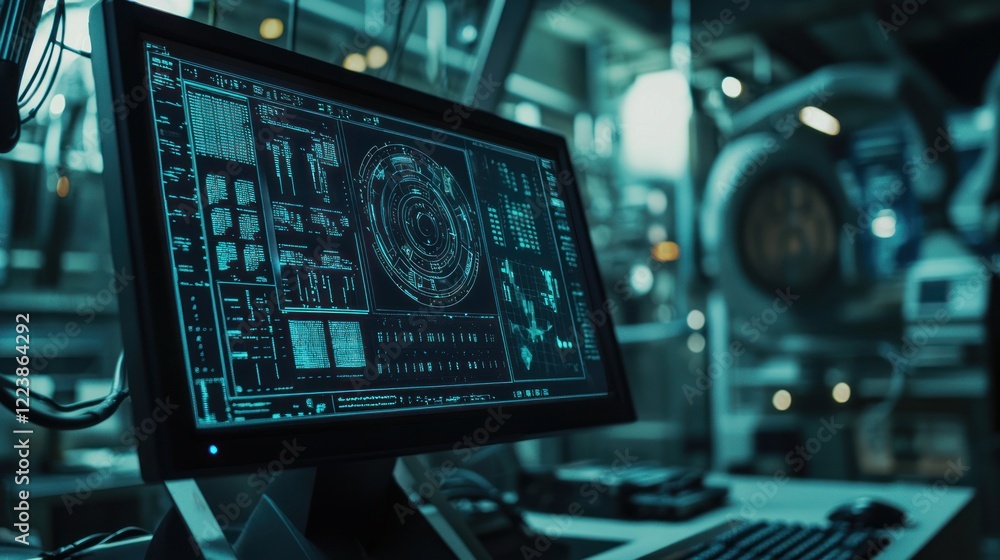 Poster futuristic tech control room: cybernetic interface display