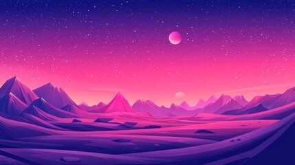 Obraz premium Purple and Pink Mountain Range Under a Starry Sky with a Red Moon