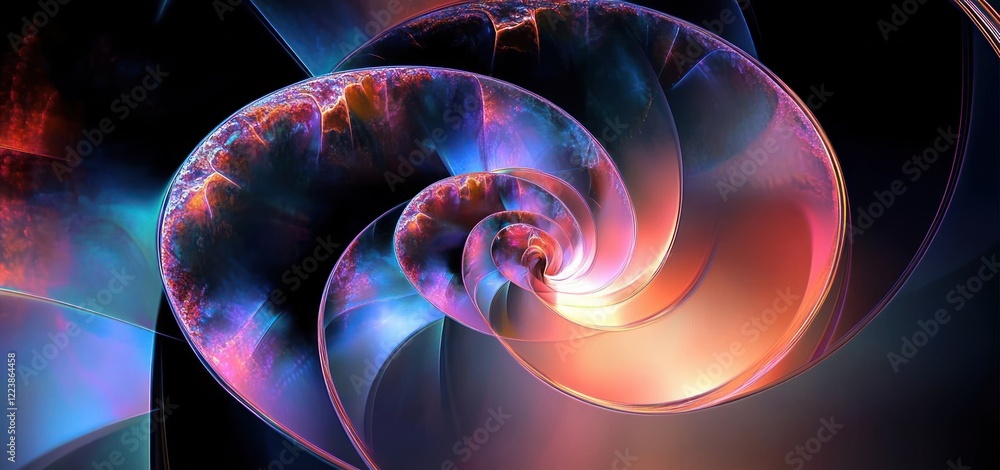 Poster intricate colorful spiral patterns with reflective surfaces and ambient light in modern digital art 