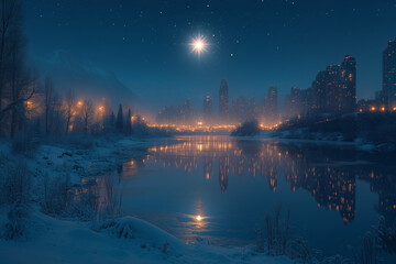 A Star Rising Over a City Skyline, Casting a Soft Glow Over the Urban Landscape at Night