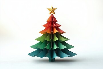 Obraz premium Minimalist Origami Christmas Tree Decoration with Golden Star on White Background for Holiday Celebration