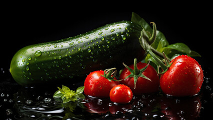 Fresh Tomatoes And Cucumber With Water Droplets On Black Background