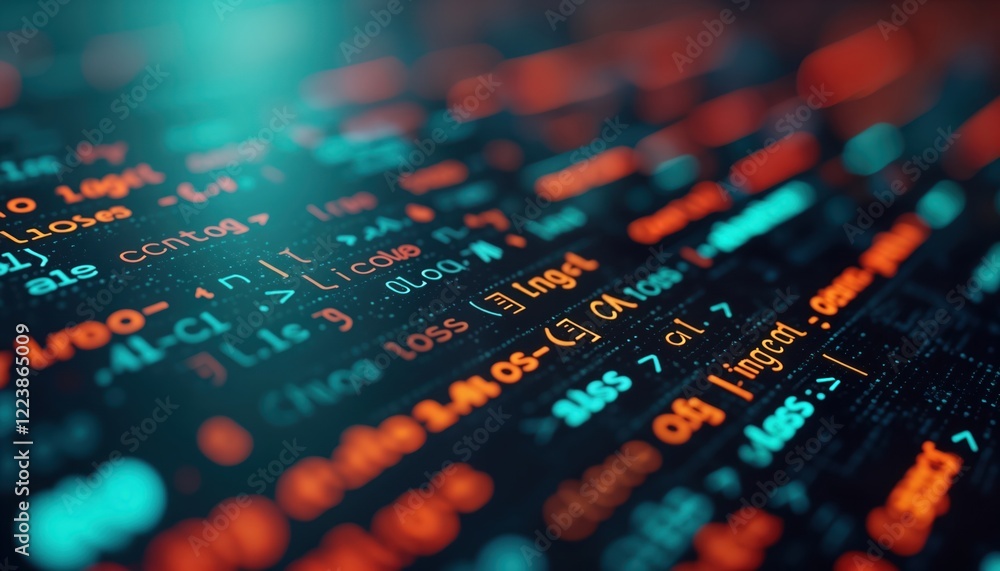 Poster Abstract tech background shows programming code. Dynamic display of coding language. Visual representation of software development process. Modern digital interface. Illustrates complex information.