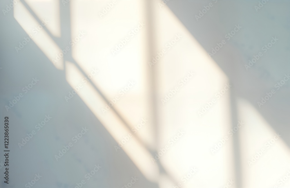 Poster Abstract indoor scene showing sunlight shadows on white wall. Light from window casts soft patterns, lines on plain surface. Interior design concept. Minimalist, modern style. Blank canvas for
