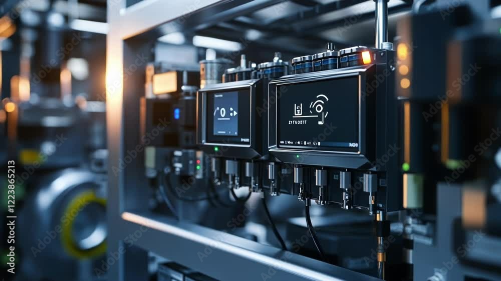 Poster modern factory using programmable logic controller showing wireless communication, sensors and actua