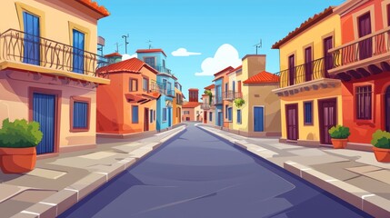 Fototapeta premium Colorful Street Scene with Buildings and Balconies in a Sunny Day