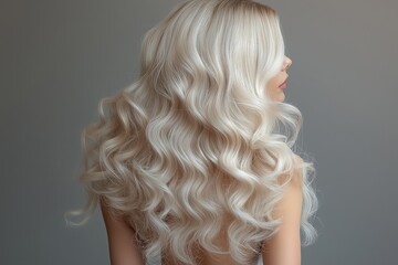 Portrait of a blonde woman with curly hair. Open part of the face. Back view