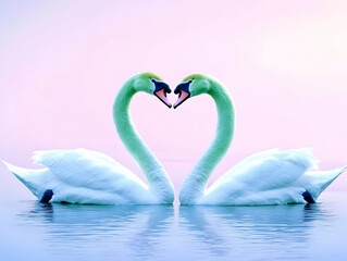 Fototapeta premium Two elegant swans form a heart shape with their necks, gracefully reflected in calm waters, creating a serene and romantic atmosphere.