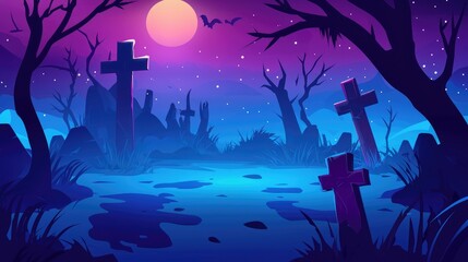 A Graveyard with Crosses Silhouetted Against a Full Moon and a Starry Night Sky