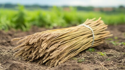 Sheaf of wheat resting on the ground in a field.
