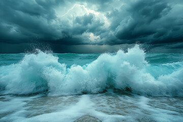 Obraz premium A Thunderstorm Brewing on the Ocean with Waves Crashing Against the Shoreline, Building Anticipation for the Storm