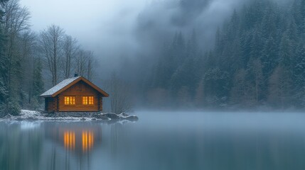 Fototapeta premium Cozy cabin lake winter fog serenity escape