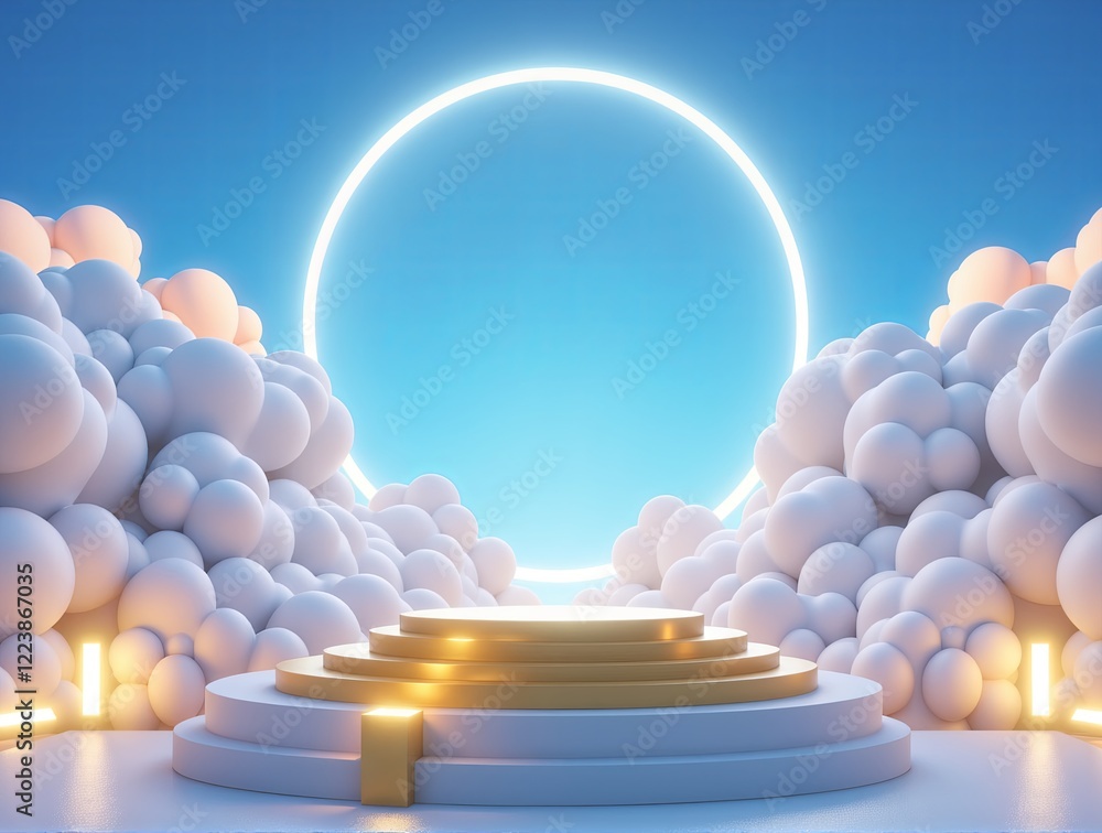 Poster minimal and modern 3d rendering featuring a golden podium with white platform steps, set against a b