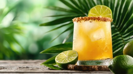 Tropical lime cocktail on wooden surface, lush foliage background, summer refreshment, ideal for bar menus